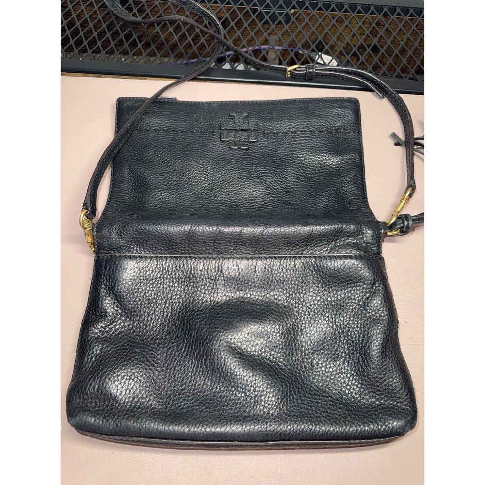 Vintage Tory‎ Burch McGraw Fold-Over Black Pebbled Leather Crossbody Tassel Bag - Picture 7 of 16